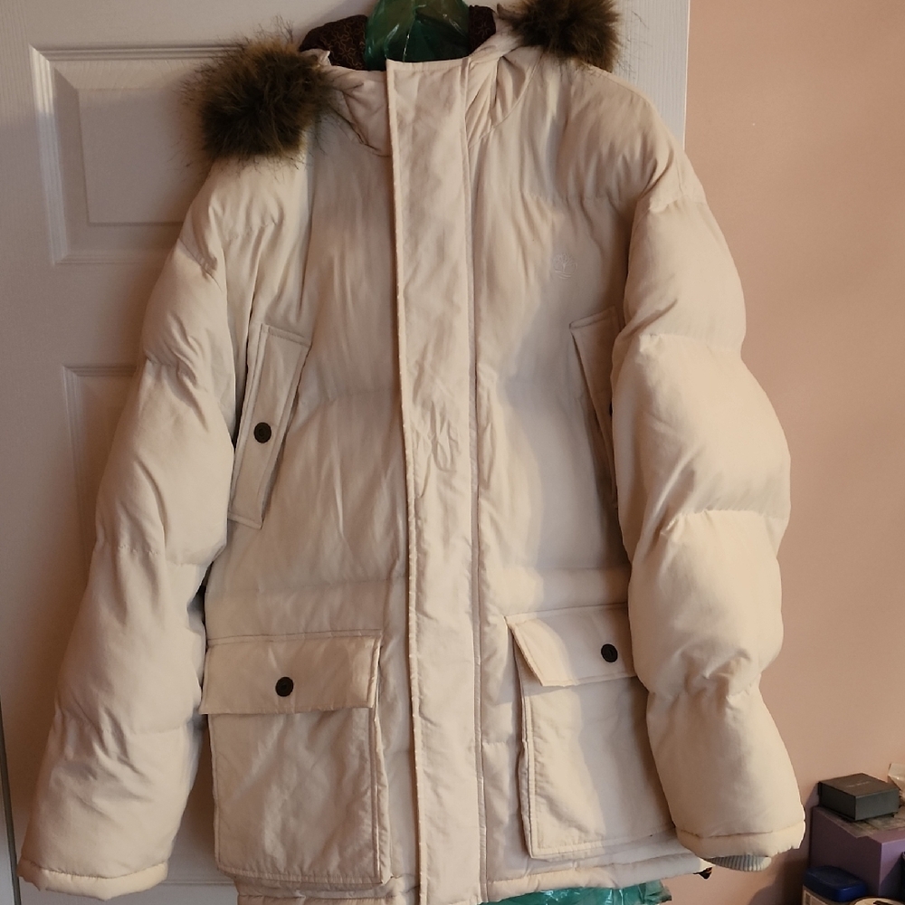 Timberland Cream Puffer Jacket with Fur Hood
